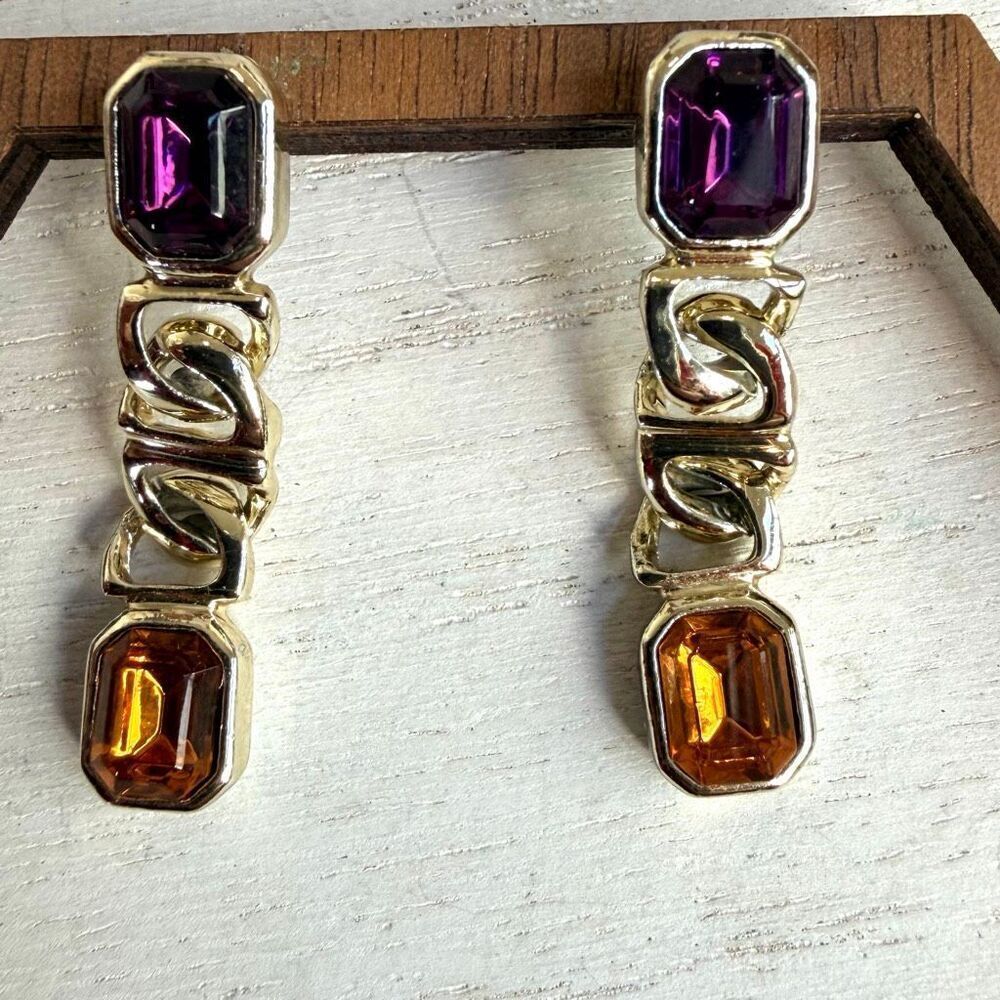Gold Tone Amethyst & Amber Glass Link Drop Statement Earrings